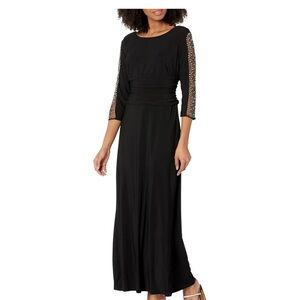 S.L. Fashions Long Length Ruched Waist Formal Dress beaded illusion sleeve 8P